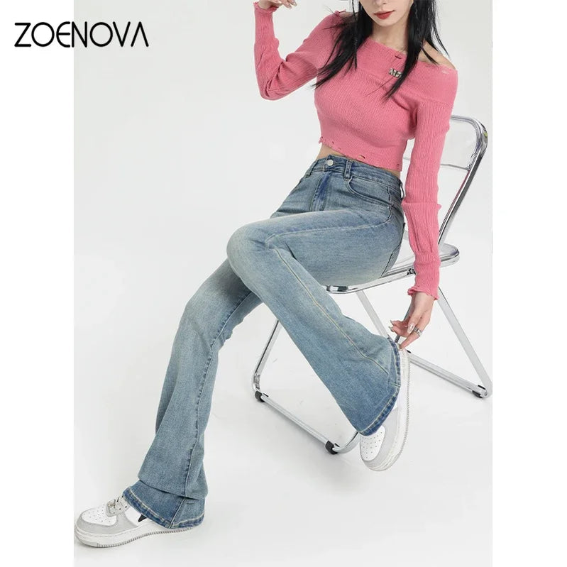 Autumn Women Vintage Denim Flare Pants Fashion New Casual Streetwear High Waist Slim Soft Mom Trouser Harajuku Y2K Jeans