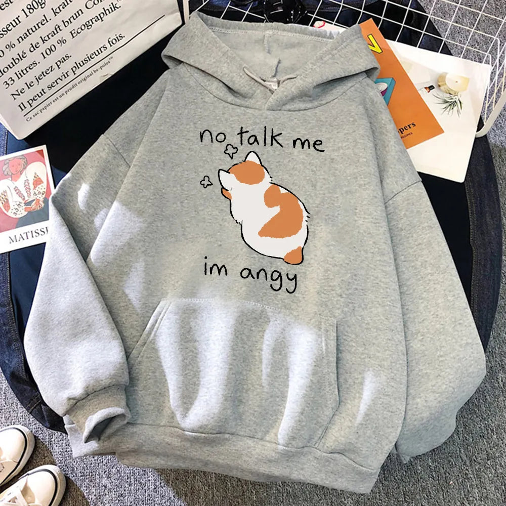 No Talk Me Cute Angry Cat Print Women Hoody Hip Hop Soft Sweatshirt Casual Fleece Sweatshirt Oversize Fleece Women Streetwear Gray
