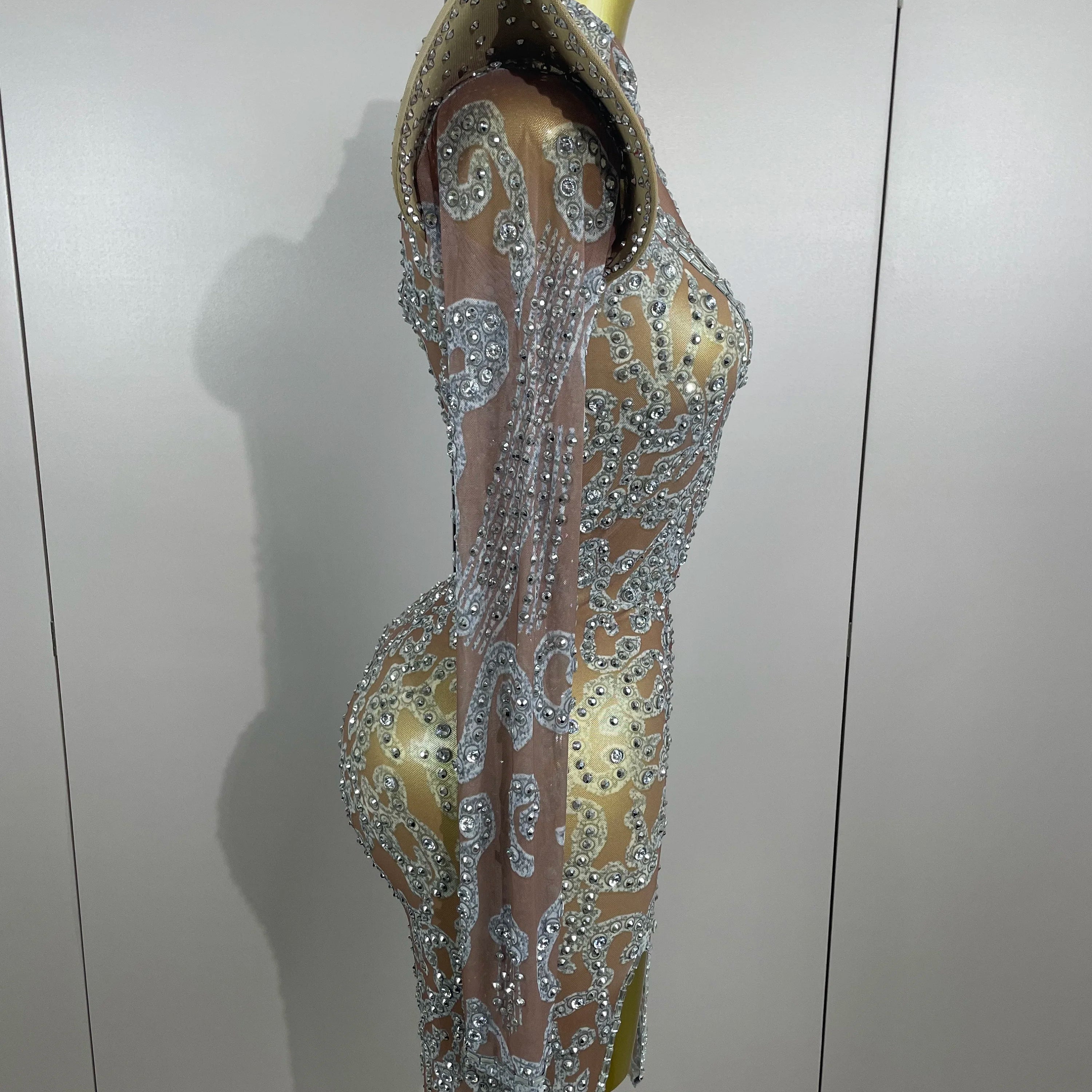 Sexy Singer Stage Drag Queen Costume 2025 Women Shiny Rhinestones Transparent Short Dress Birthday Celebrate Photoshoot Dress