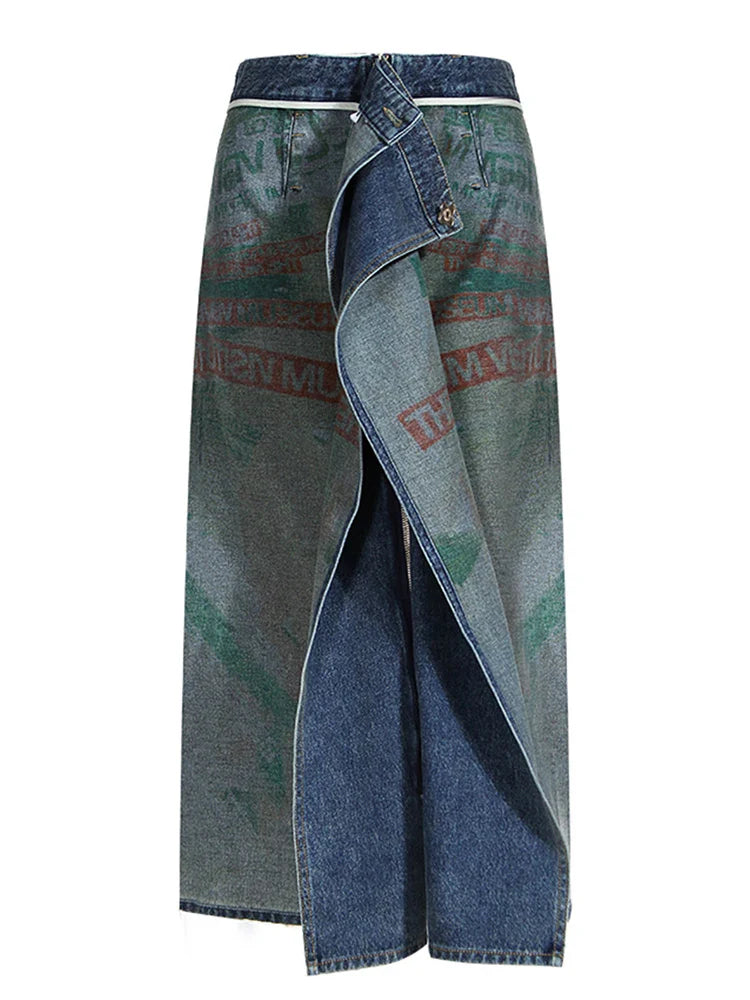 DEAT Fashion Women's Denim Skirt Double-sided Irregular Print Washed Zip Spliced Mid-calf Cotton Skirts Autumn New 7AB224