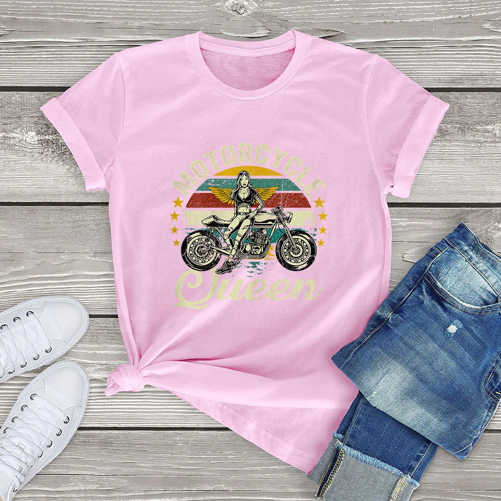 Cotton Personality Fashion Vintage Motorcycle Queen Grandma Clothing Gift Women T-Shirt Printed Unisex Tee Streetwear Pink