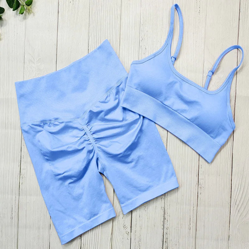 Yoga Sets Short Seamless SportsWear Women Sport Fitness Suit Sport Outfit For Woman Gym Clothing Workout Clothes Athletic Wear Sky Blue Set