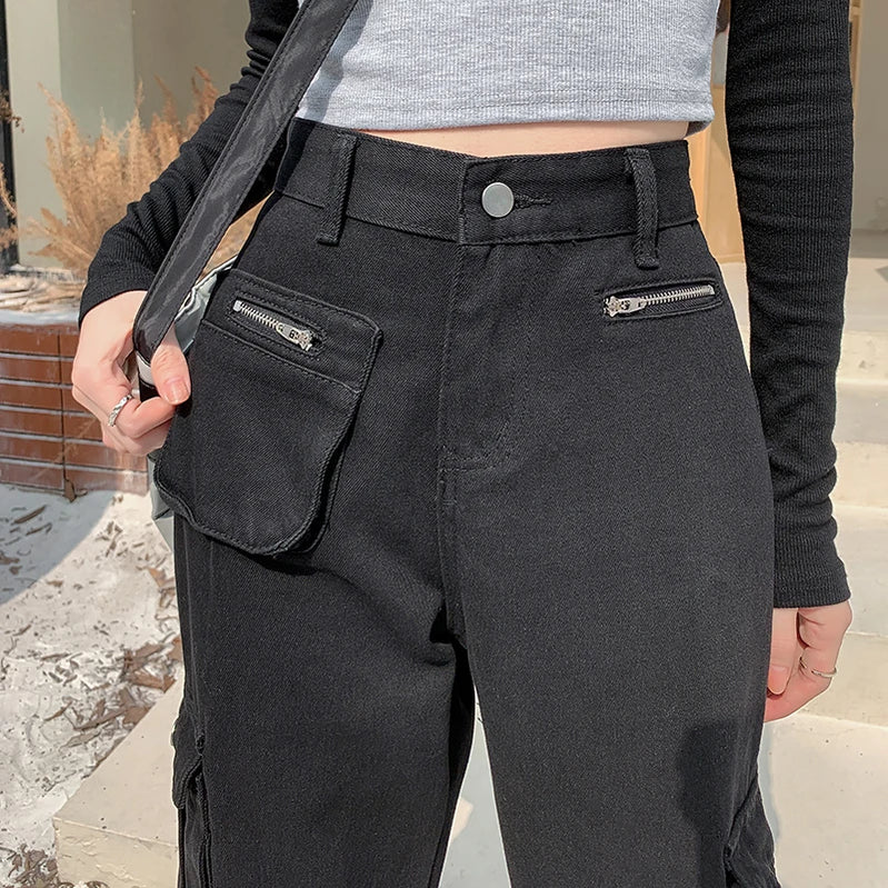 Autumn Winter New Cargo Jeans Woman American High Street Straight Tube Pants for Women Fashion Versatile Ladies Baggy Jeans Y2k