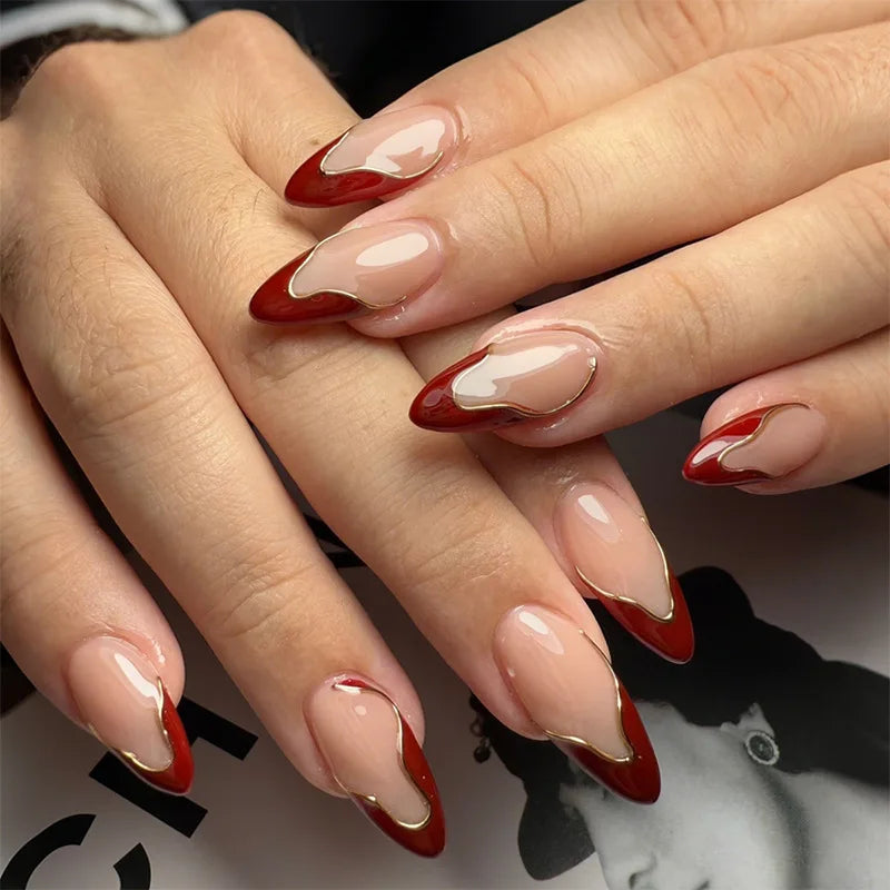 24Pcs Mid-length Brown French Almond Nails Set Press on White Dot Detachable False Nails 3D Bow Pearl Full Cover Fake Nails Tips