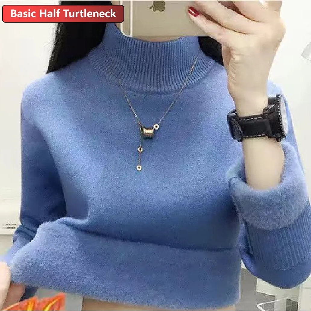 Turtleneck Winter Sweater Women Elegant Thicken Velvet Lined Warm Sueter Knitted Pullover Slim Tops Jersey Knitwear Jumper New HT blue