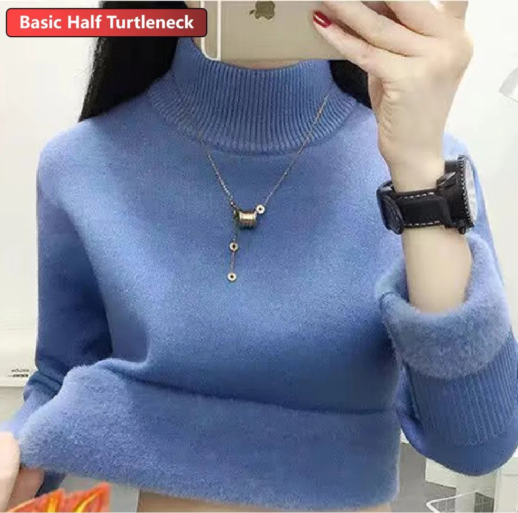 Turtleneck Winter Sweater Women Elegant Thicken Velvet Lined Warm Sueter Knitted Pullover Slim Tops Jersey Knitwear Jumper New HT blue