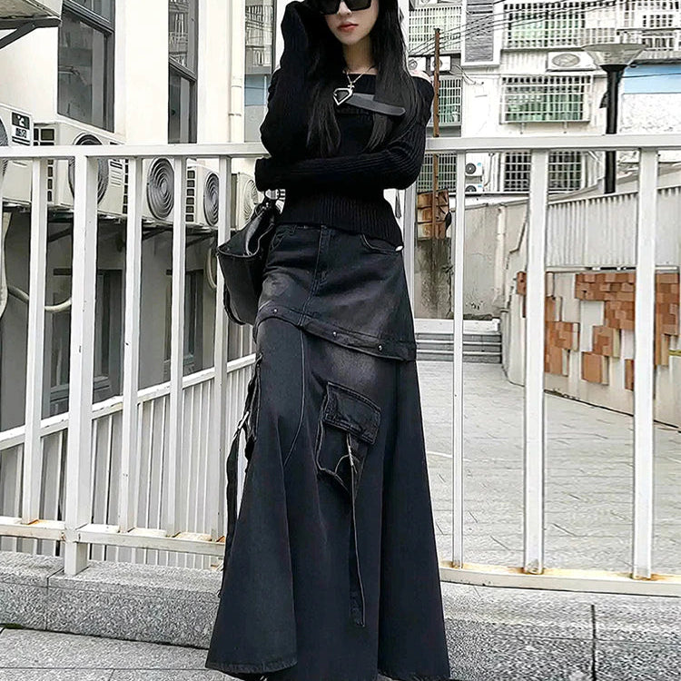 High Quality Black Denim Skirt Thin Office Lady Vintage Fashion Pockets Autumn Winter High Waist A-Line Skirt New Design Gothic