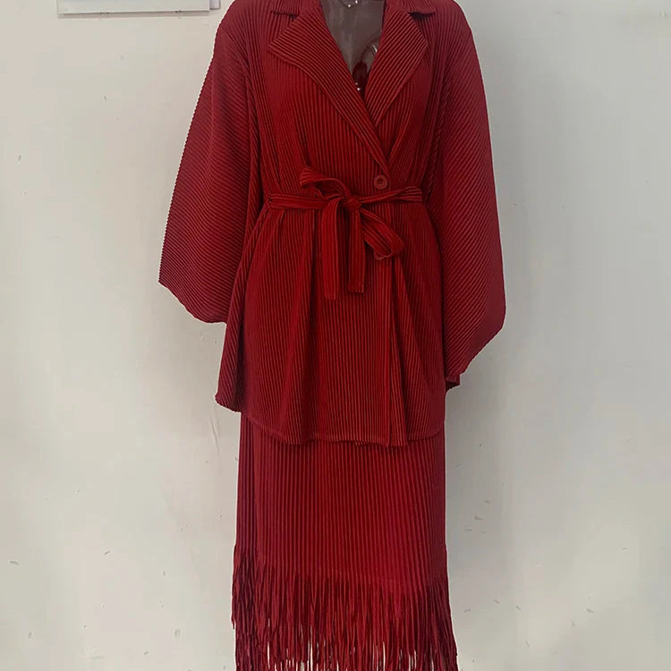 LANMREM Fashion Pleated 2 Piece Set Women Double Breasted Blazer Tassel Design Skirt Solid Color Spring New Clothing 32C701 One Size Wine