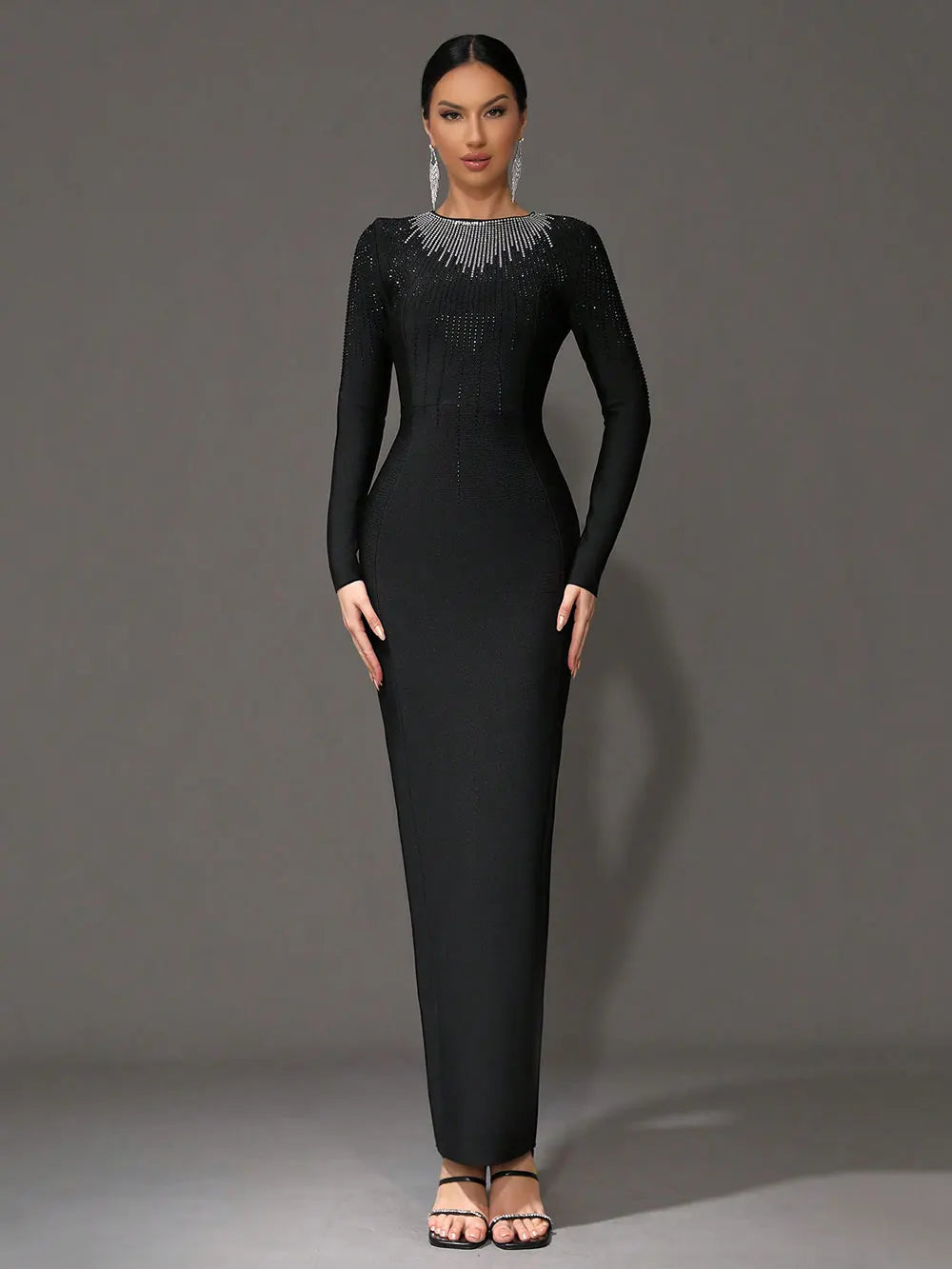 2025 Elegant Women's Light Luxury Hot Diamond Bandage Dress O-neck Long Sleeve Bodycon Black Long Dress Evening Party Vestidos