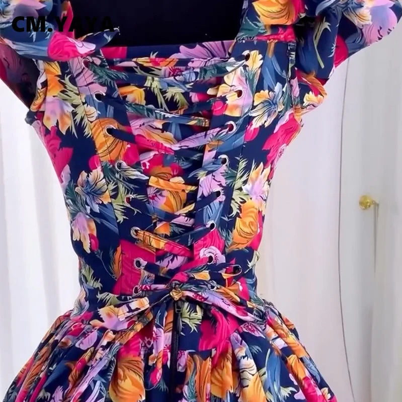 CM.YAYA Women Ruffles Strapless Floral Print Long Irregular Dress Holiday Sweet Birthday Evening Sexy Party Dresses Vestidos