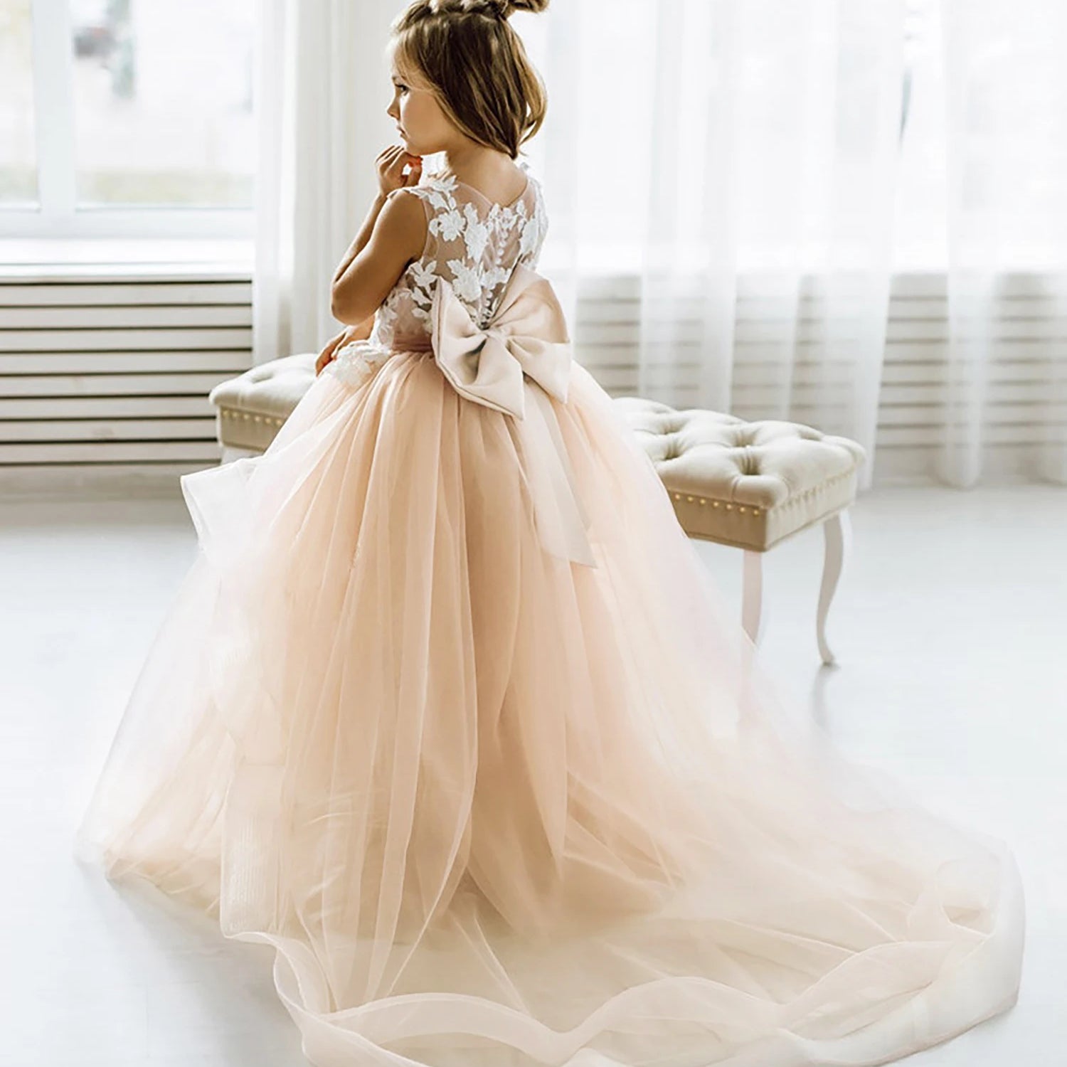 2-14 Years Lace Tulle Flower Girls Dress Princess for Kid Child Wedding Party Junior bridesmaid Maxi Ball Gown Evening AS Pic MC2309