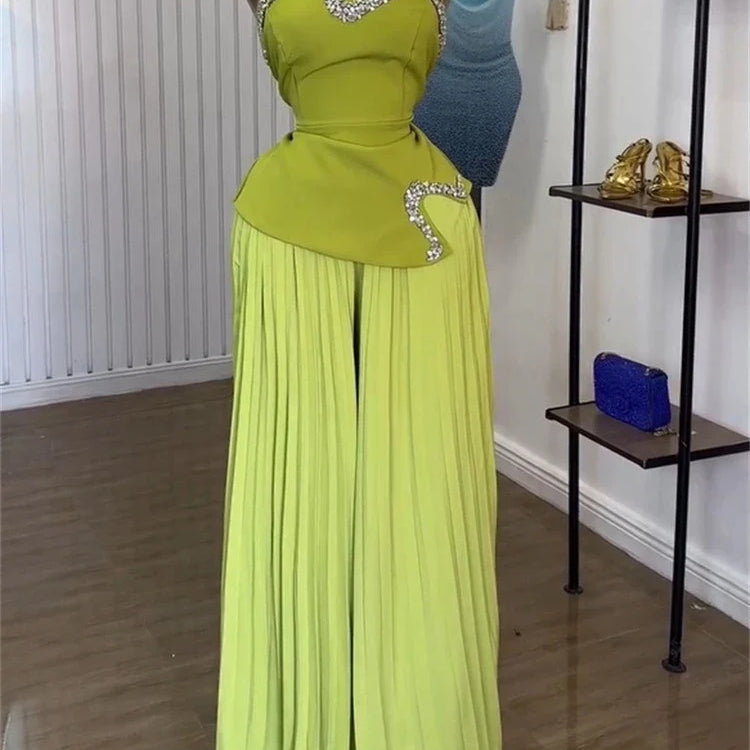 CM.YAYA Women's Set Diamonds Hot Rhinestones Crop Top and Pleated Wide Leg Pants Suit 2025 Two 2 Piece Sets Outfits Tracksuit