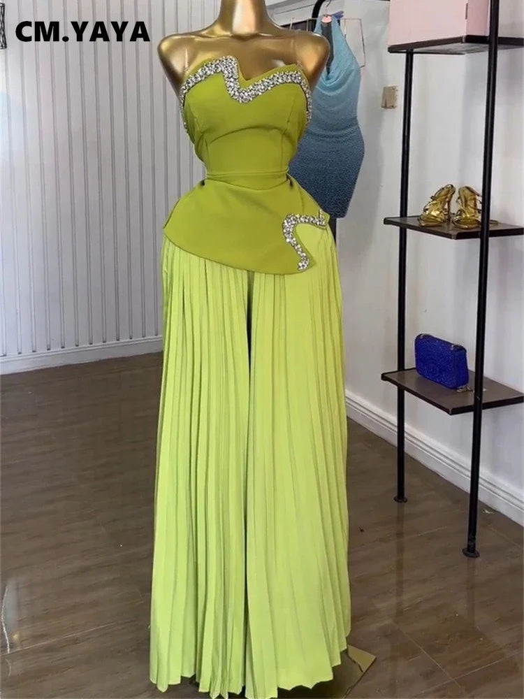 CM.YAYA Women's Set Diamonds Hot Rhinestones Crop Top and Pleated Wide Leg Pants Suit 2025 Two 2 Piece Sets Outfits Tracksuit