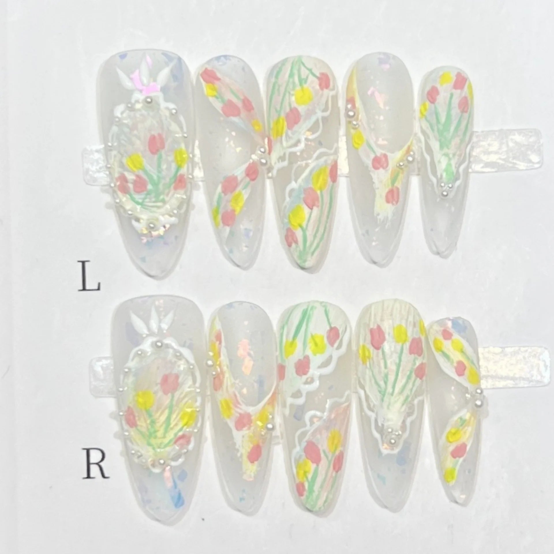 10pcs Cat's Eye French Handmade Fake Nail Art Simple Flower Diamond Design Long Almond False Nails Tips Reusable Press on Nails