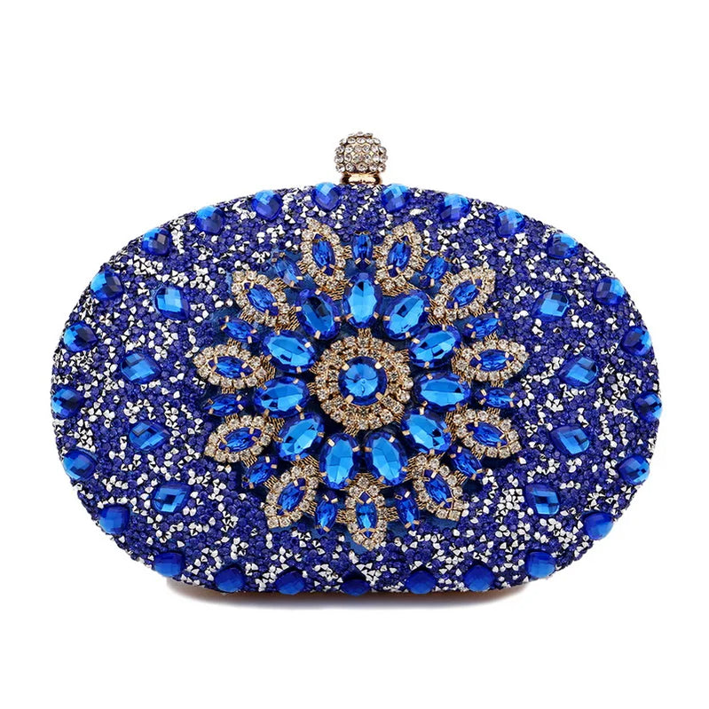 Rhinestones Women Bags Hollow Out Style Fashion Evening Bags Chain Shoulder Handbags Party Wedding Day Clutch Purse YM3108blue