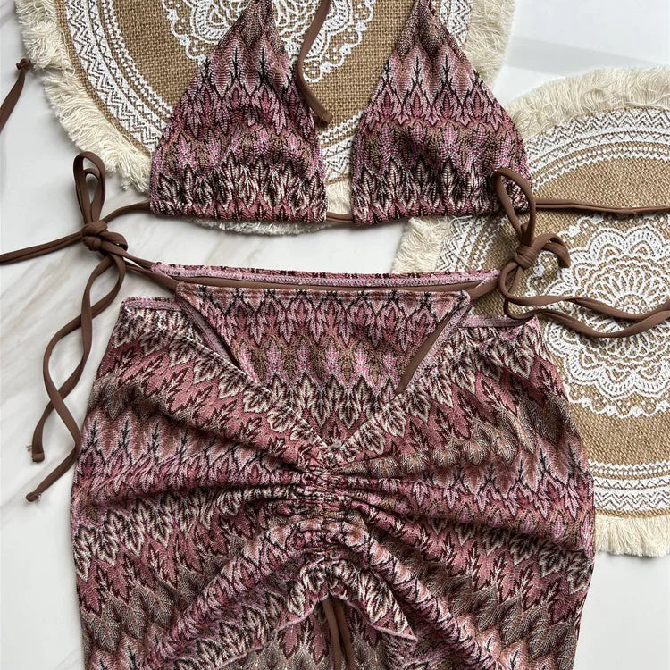 Women Swimsuit Colored Maple Leaves Knitted Bikini Skirt Three-Piece Set Split Swimsuit Bikini 1