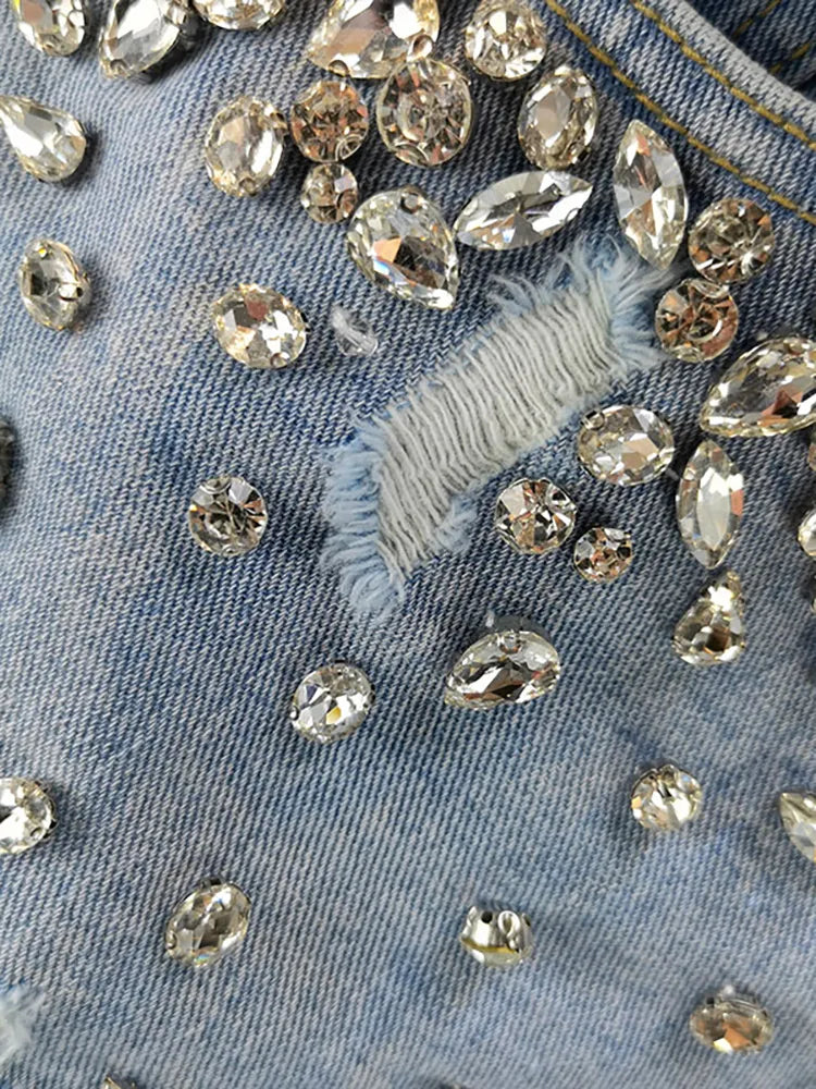 Women's Short Jeans High Waist Distressed Diamonds Tassel Loose Wide Leg Luxury Denim Shorts Autumn Fashion