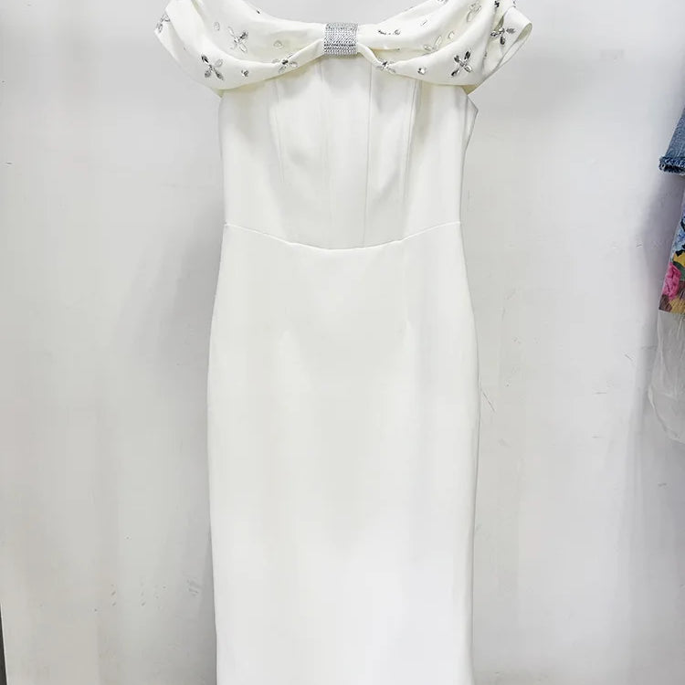 Black White Color Women Sexy Slash Neck Off the Shoulder Bodycon Mid-calf Dress Shinning Crystal Celebrate Evening Party Outfit