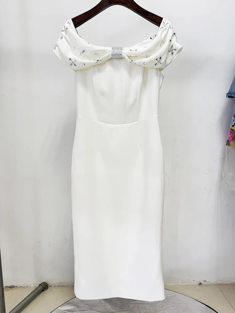 Black White Color Women Sexy Slash Neck Off the Shoulder Bodycon Mid-calf Dress Shinning Crystal Celebrate Evening Party Outfit