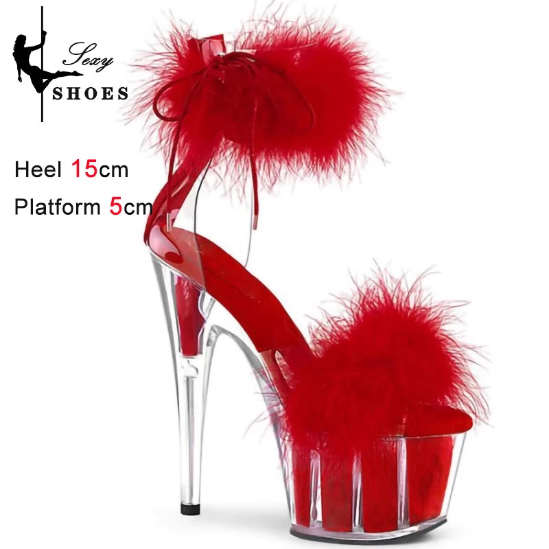 New Cover Heels Buckle Strap Women Sandals Platform Open Toe Color Feather Bride's Wed-ding Shoes Stripper Nightclub Party Heels