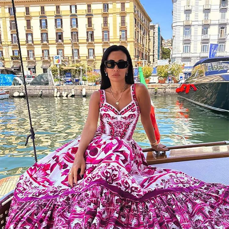 Women Sexy Printed Suspender Dress Fashion V-neck Backless High Waist Large Swing Midi Vestido Summer Female Chic Vacation Robes