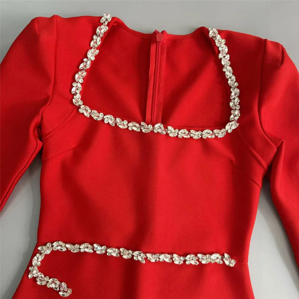 2024 Elegant Women Dress Light Luxury Diamond Design Bandage Dress Square Neck Long Sleeve Bodycon Christmas Red Dress Vestidos