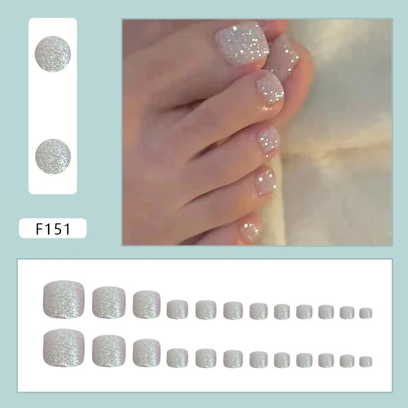 24pcs Summer Color False Toenails Purple Pink Sweet Korean Fake Toe Nails Wearable Detachable Square Head Press on Toenails