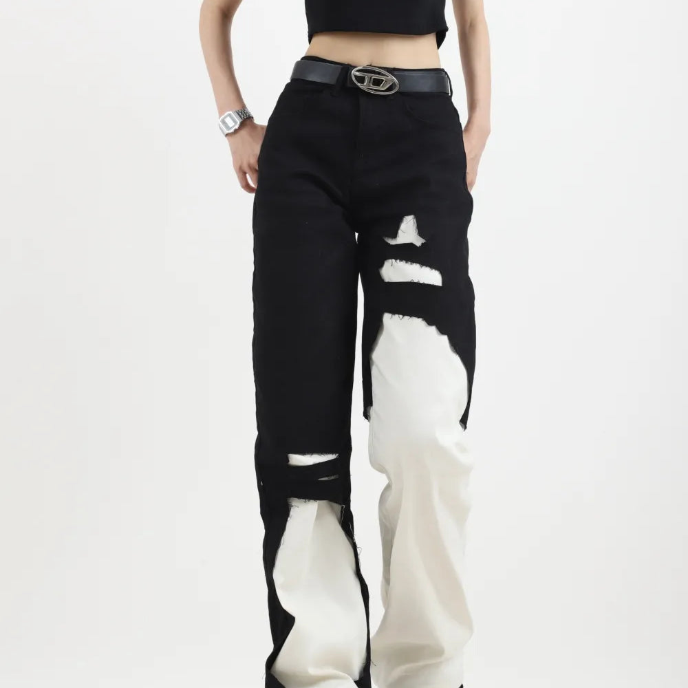 Contrast Color Ripped Jeans Pant for Women Autumn New Loose Straight Wide Leg Demin Pants Jeans Y2k Women Pants High Waist