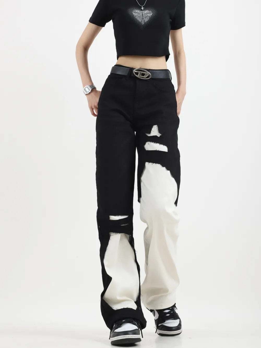 Contrast Color Ripped Jeans Pant for Women Autumn New Loose Straight Wide Leg Demin Pants Jeans Y2k Women Pants High Waist