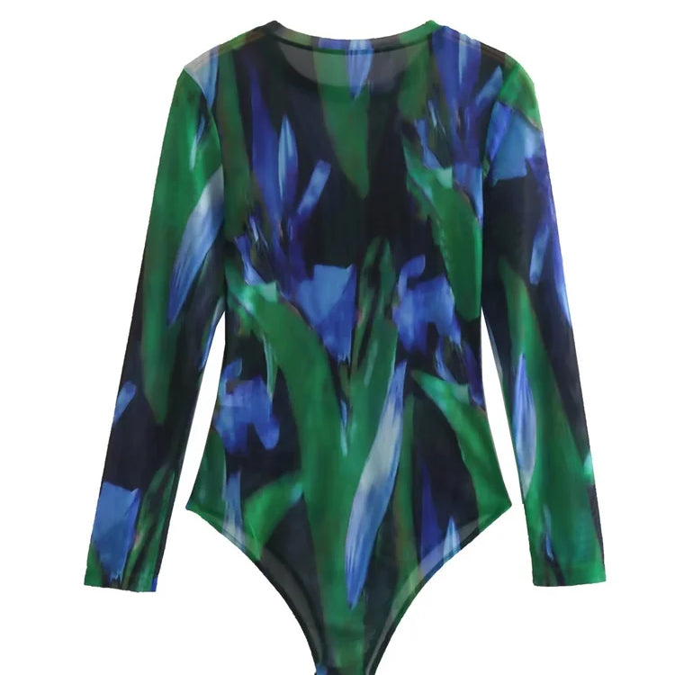 Zevity Women Vintage Ink Painting Graffiti Print Mesh Yarn Slim Bodysuits Ladies Sexy Perspective Playsuits Mujer Rompers LS2633