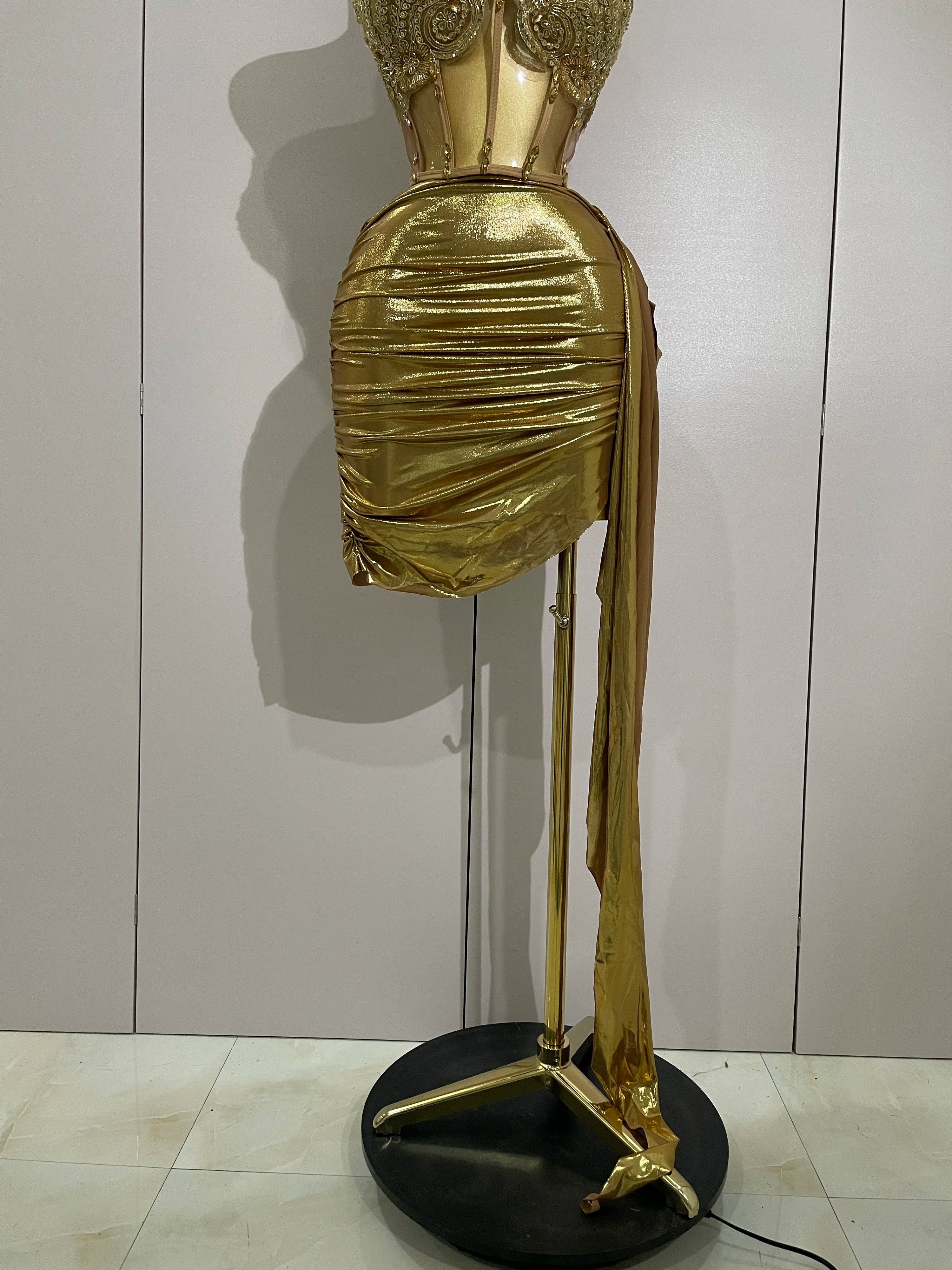 Sparkly Gold Sexy Top Two Pieces Short Skirt Set 2025 Women Celebrate Birthday Dress Party NightClub Dancer Show Stage Outfit