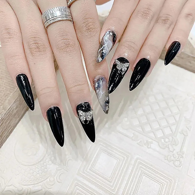 24Pcs Long Almond Nails Set Press on Black Red Gilding Fake Nails Golden Print Detachable Artificial Full Cover False Nails Tips