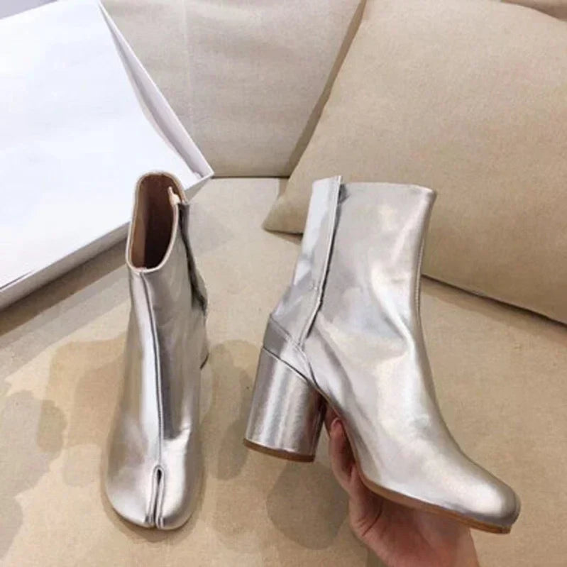 Luxury Brand Design Leather Tabi Boots Fashion Round Chunky High Heel Ankle Boots For Women Autumn Winter Split Toe Shoes gray with leather 1