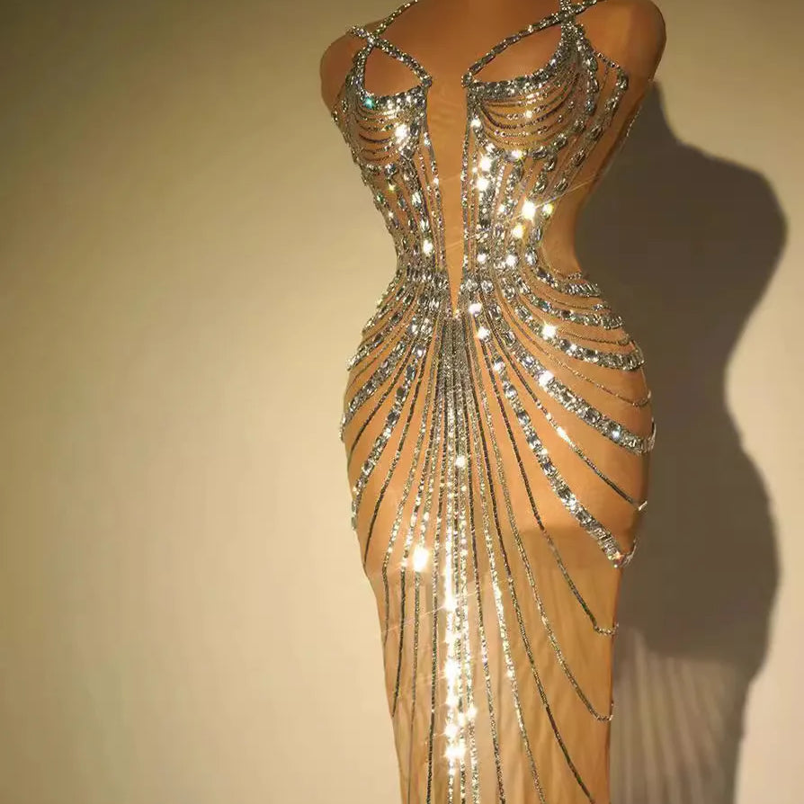 Stock Women Luxury Sexy Mesh Sequins Crystal Diamonds Feather Dress Birthday Party Costume Bar Nightclub Stage Performance Dress