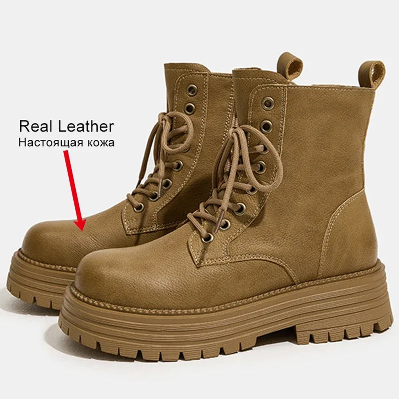 JOZHAMTA Size 34-40 Real Leather Ankle Boots Women Hike Treval Thick Heels Shoes Platform Motorcycle Boots Retro Combat Boots