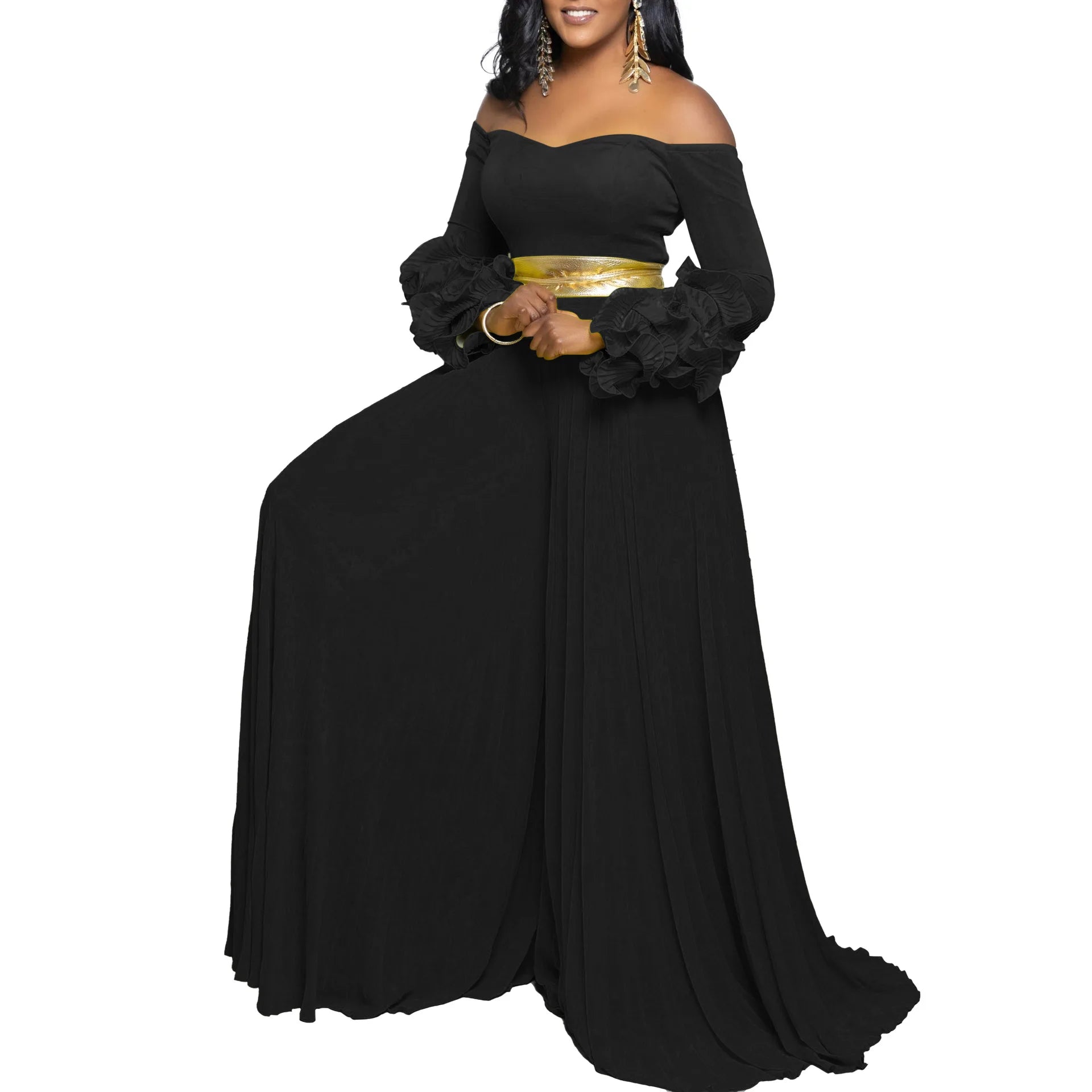 CM.YAYA Women Long Ruffles Sleeve Pleated Slash Neck Wide Leg Long Jumpsuits Party Beach belt Street Sexy Africa Outfit Rompers