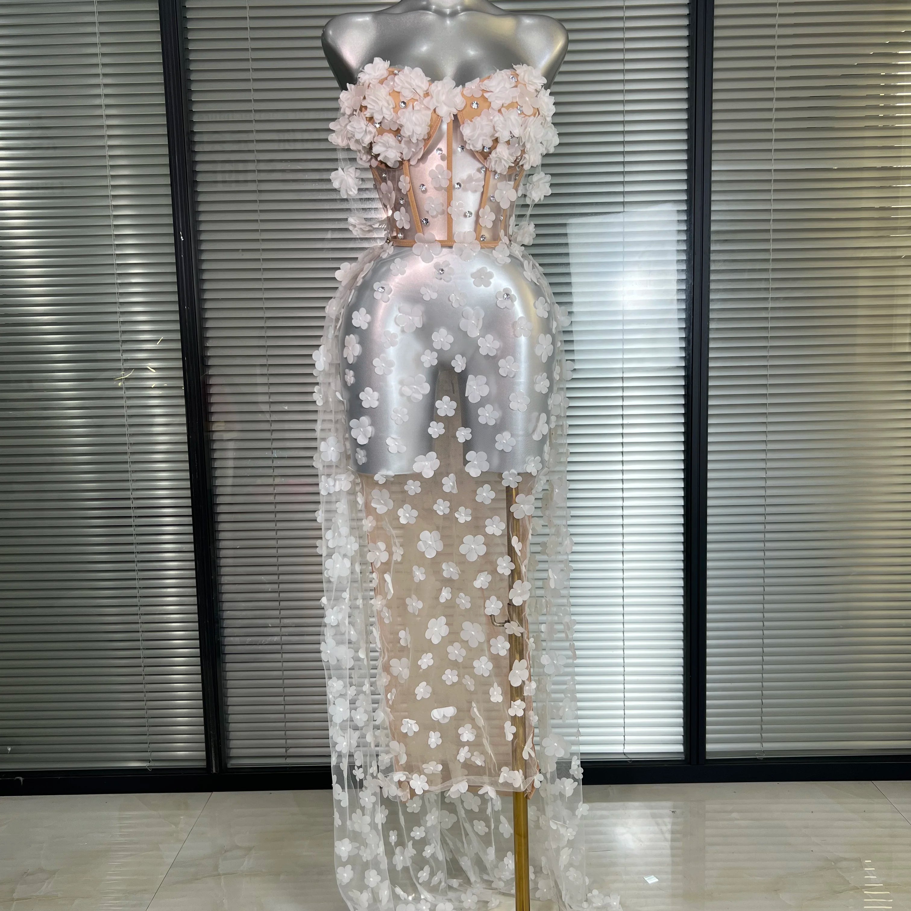 NEW Women Sexy Mesh Crystal Diamonds Maxi Dress See Through Party Singer Wedding Maxi Dress Stage Performance Costume