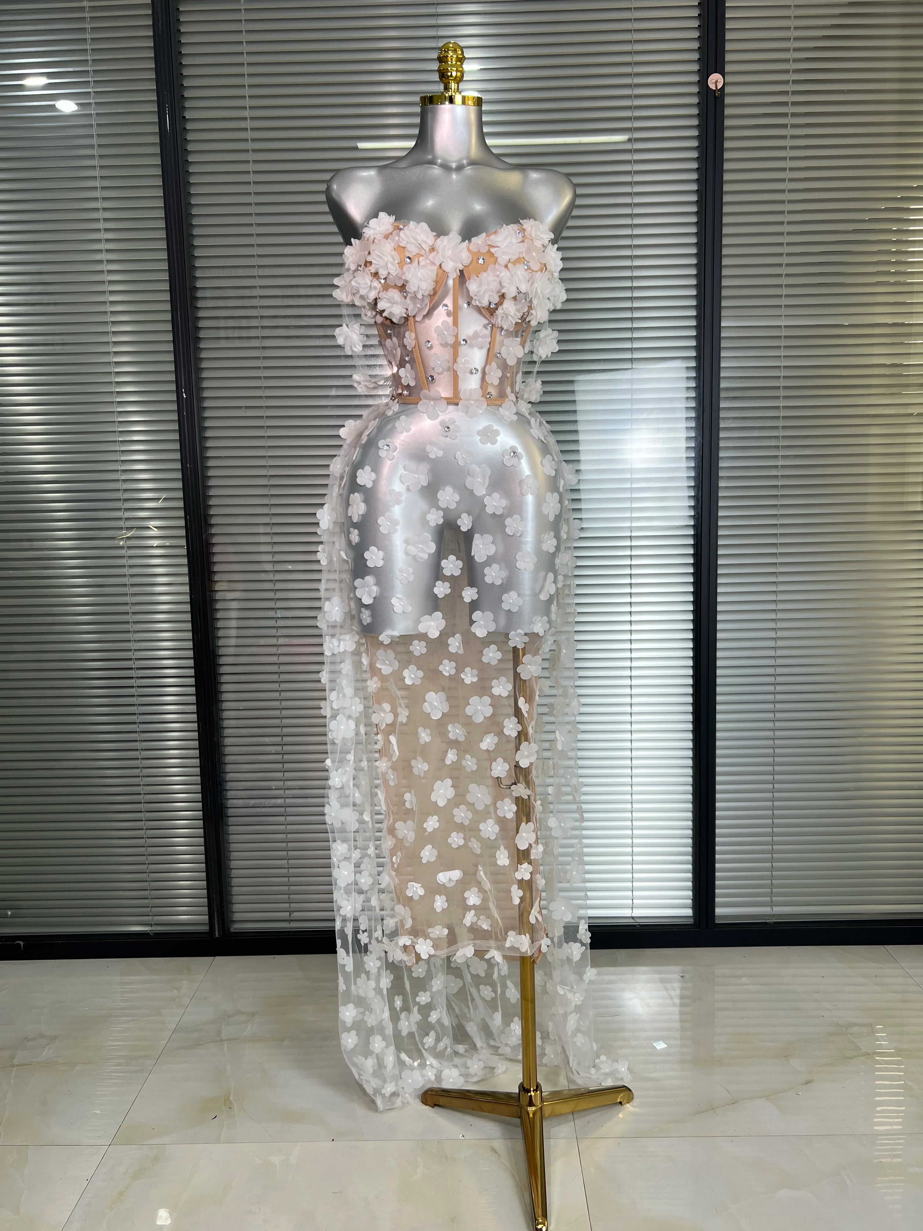 NEW Women Sexy Mesh Crystal Diamonds Maxi Dress See Through Party Singer Wedding Maxi Dress Stage Performance Costume