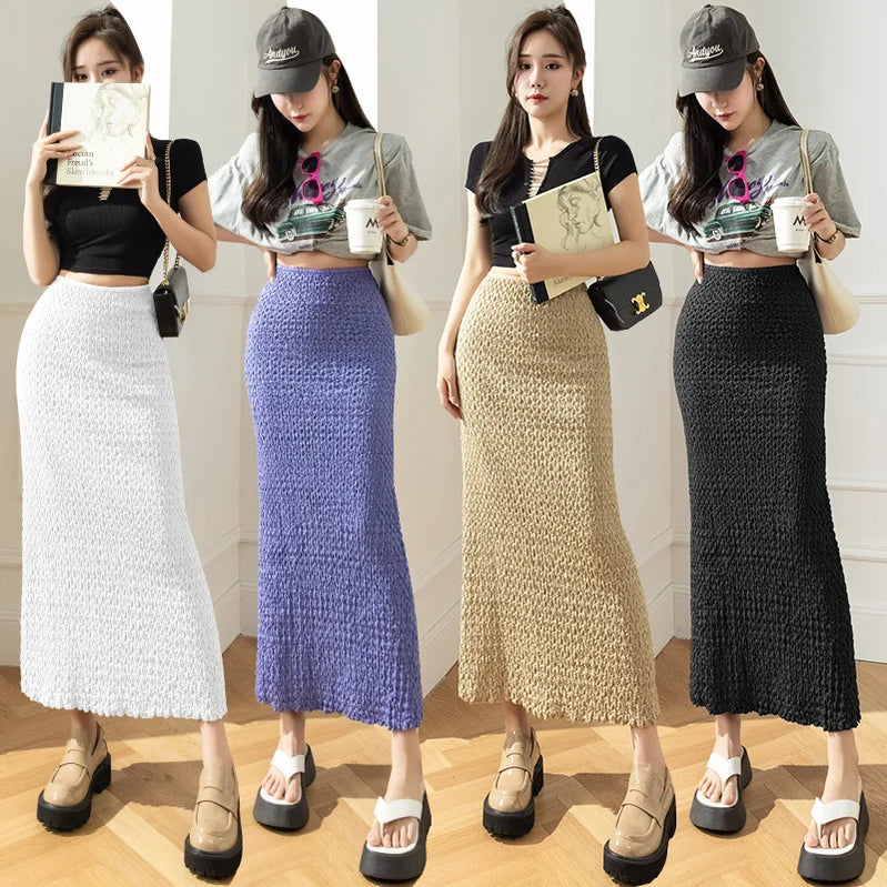 Elegant Slim Pencil Midi Long Skirt for Women 2023 Spring Summer Vintage Fold Solid High Waist Midi Skirt Female Streetwear P452