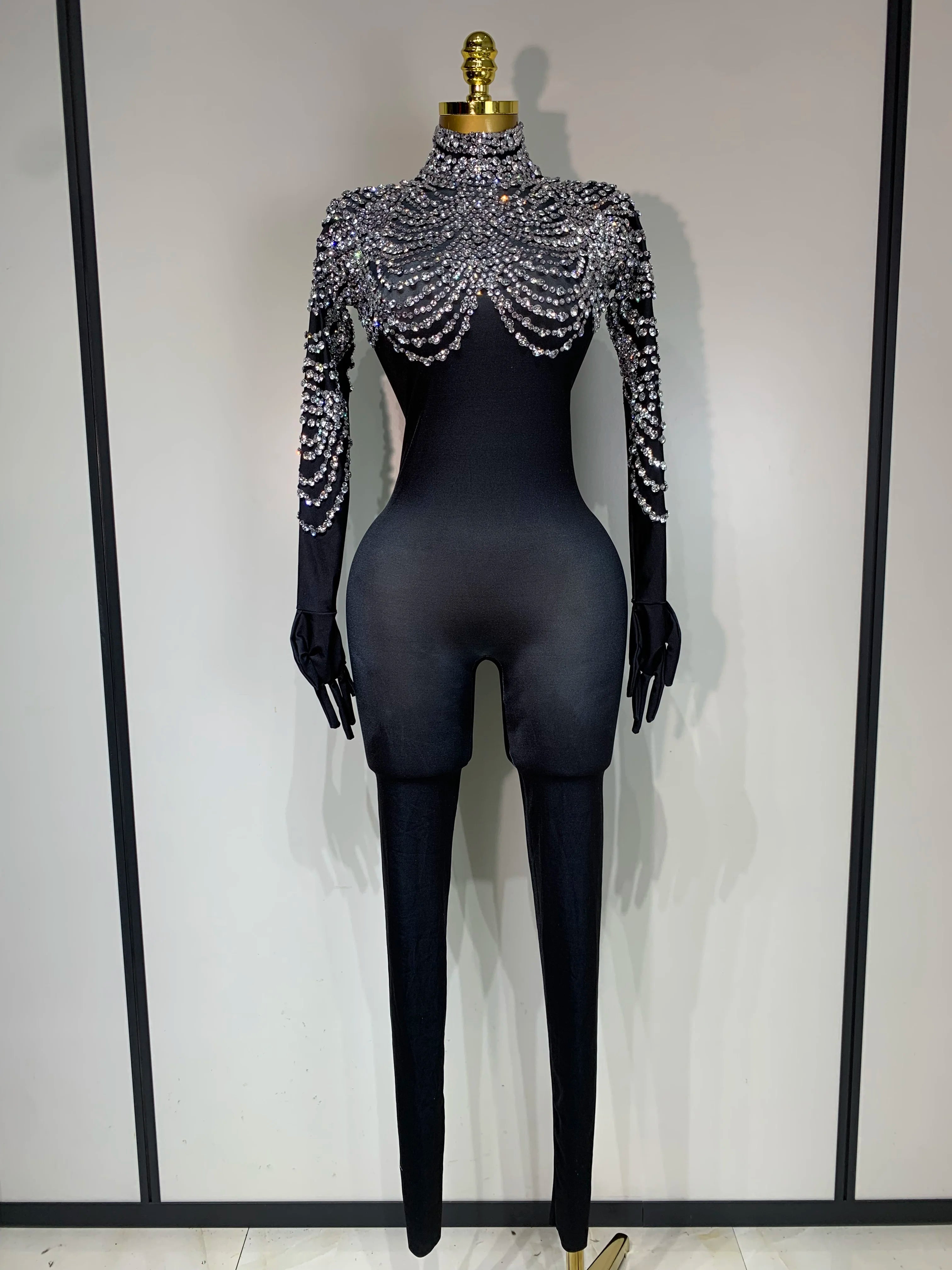 Stock Women Sexy Nightclub Evening Party Drag Queen Singer Dancer Stage Performance Costume Luxury Rhinestone Stretch Jumpsuit