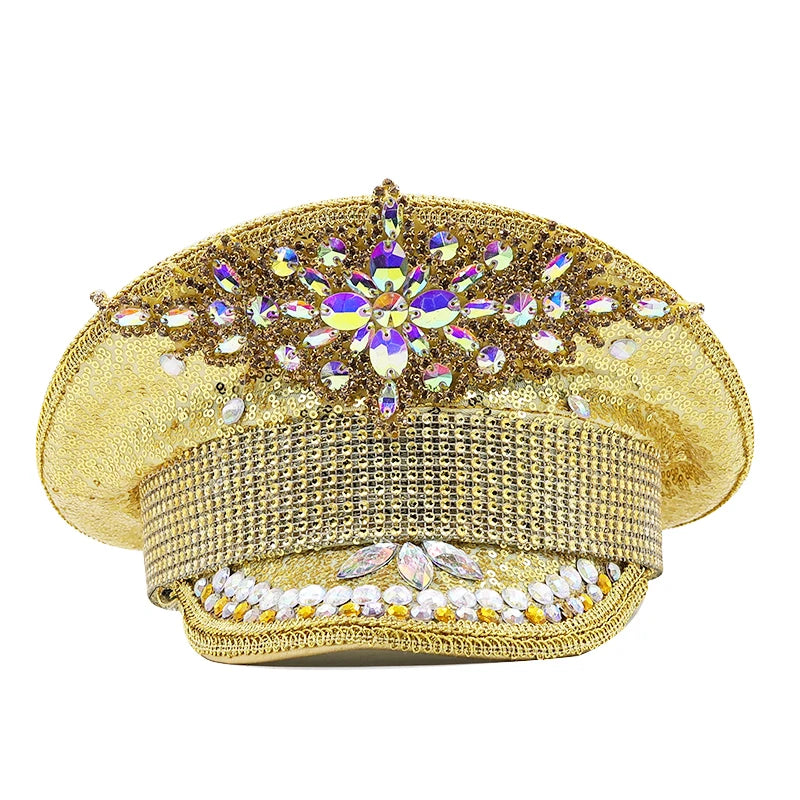 Hot Women Sequin Burning gold Bride Military Hat Handmade Sailor Captain Sergeant Hat Birthday Festival Part Hat