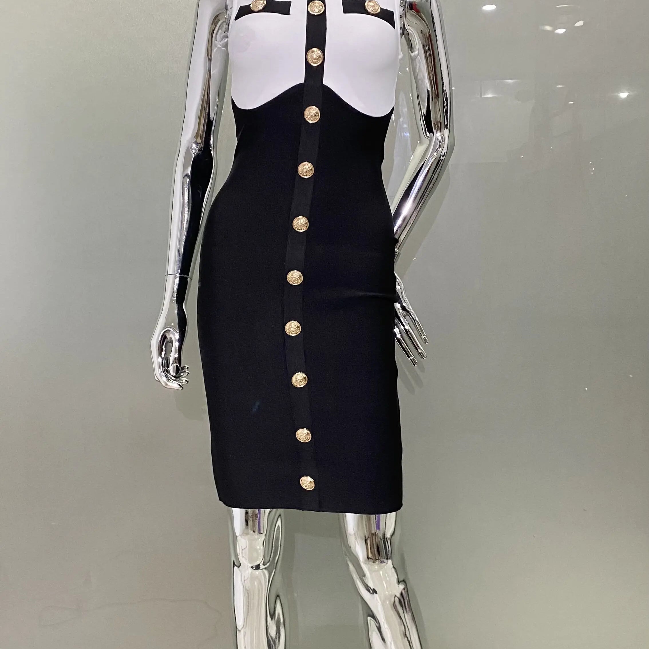 New Arrivals Fashionable  Women's Bandage Set Golden Buttons White Patchwork Black Coat And Sleeveless Bodycon MIini Dress