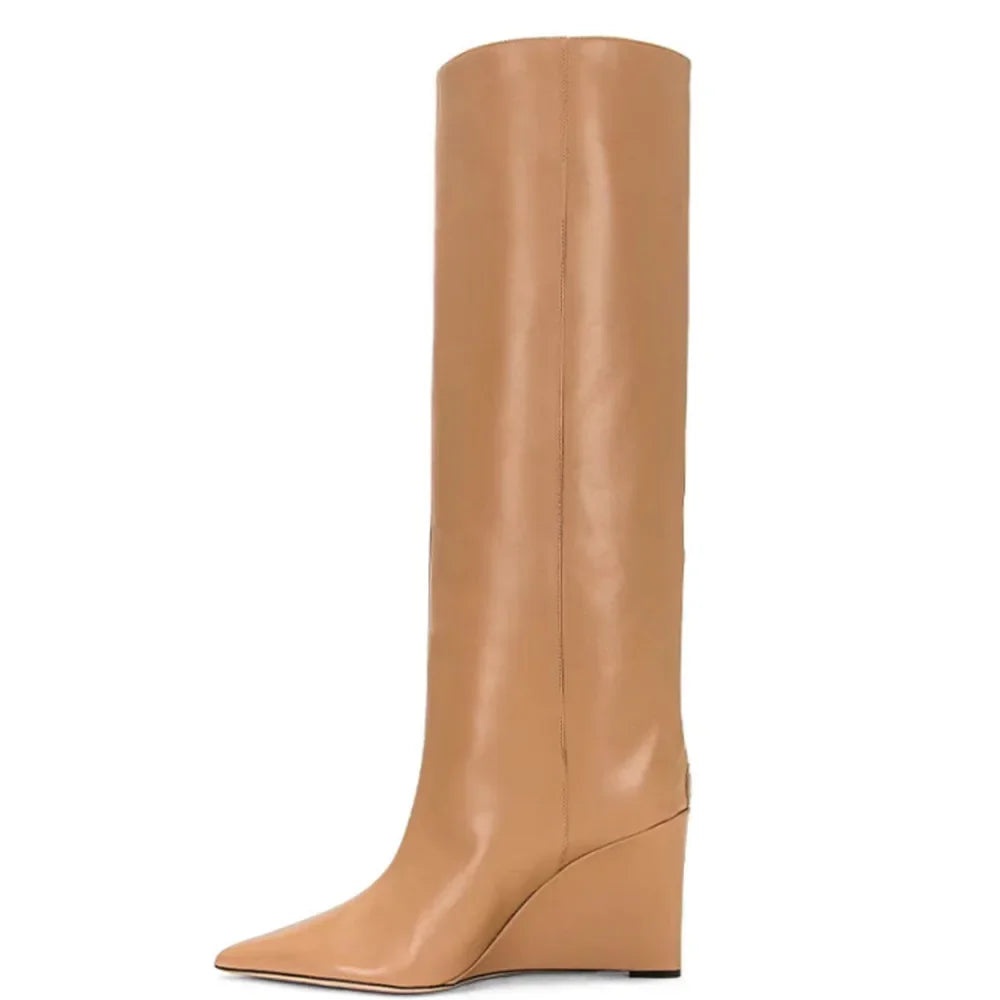 New European and American Thick Sole Knee Long Women's Boots with Pointed Side Zipper Thick High Heel Women's Mid Length Boots