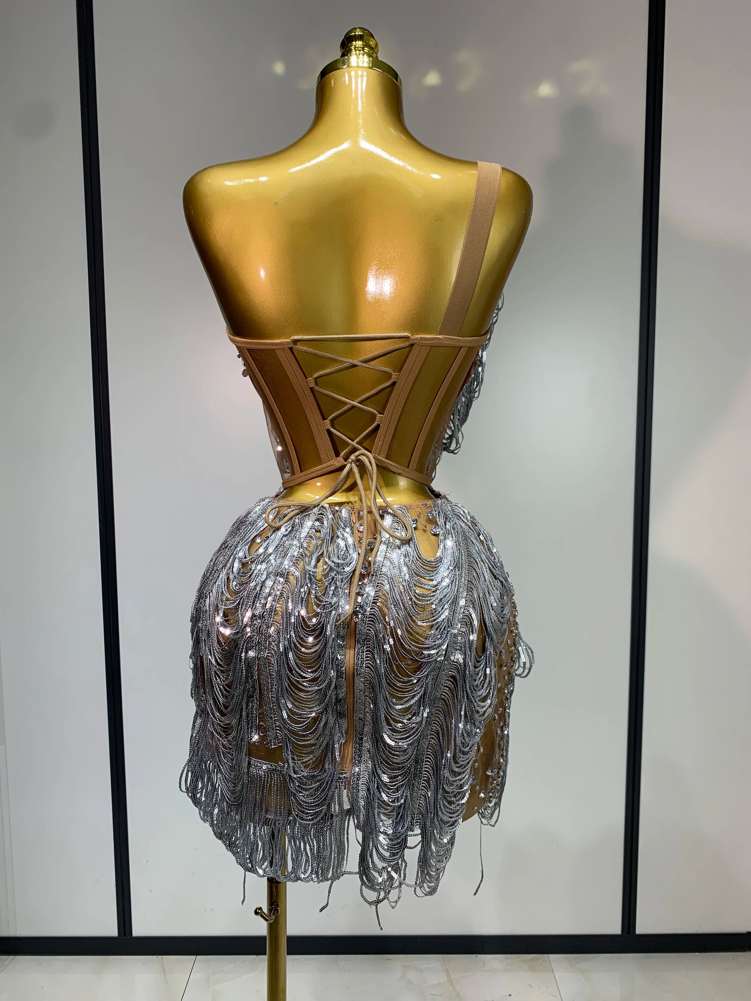 Sparkly Rhinestone Tassel Mesh Dress Nightclub Dance Stage Performance Costume Evening Party One shoulder Nigtclub Mini Dress