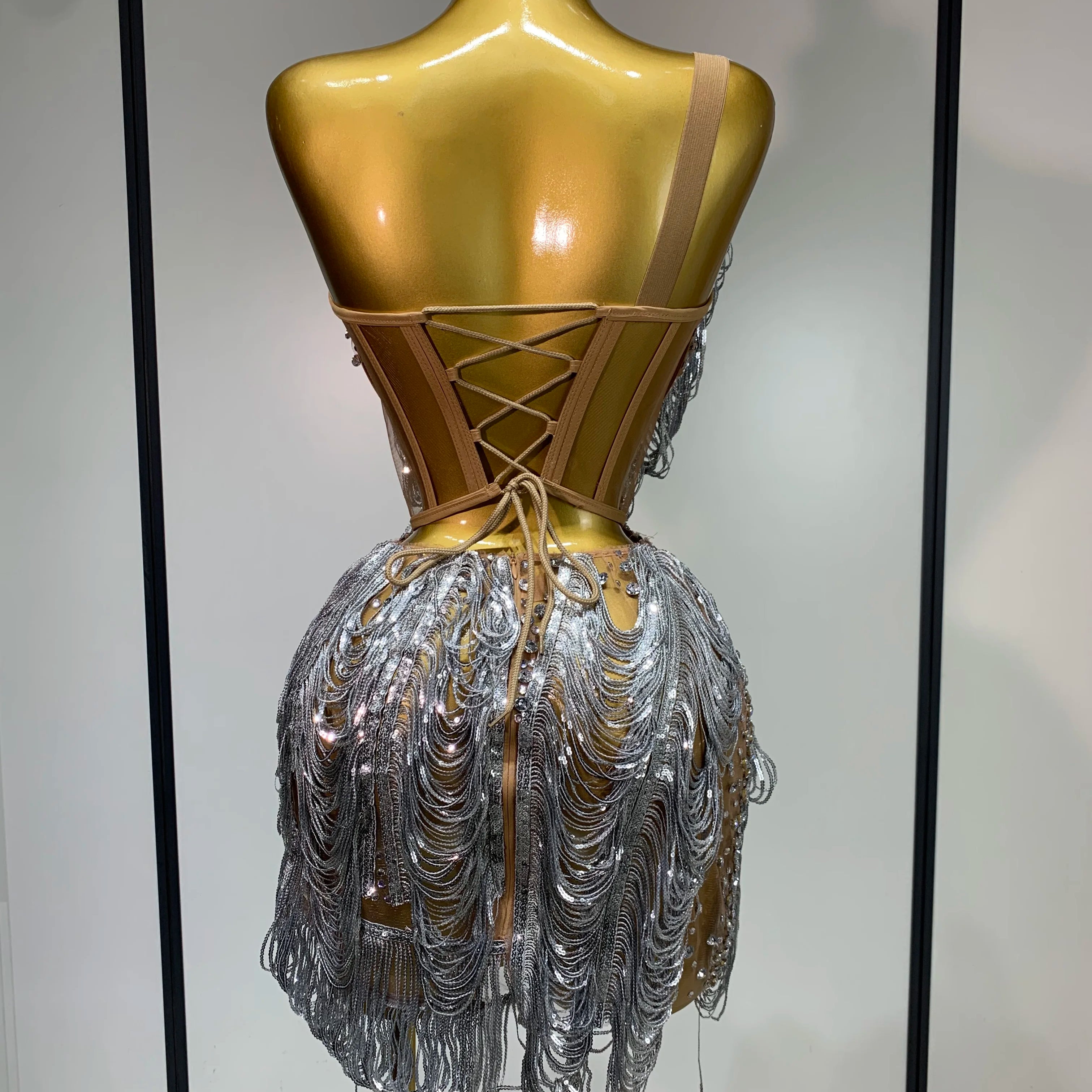 Sparkly Rhinestone Tassel Mesh Dress Nightclub Dance Stage Performance Costume Evening Party One shoulder Nigtclub Mini Dress