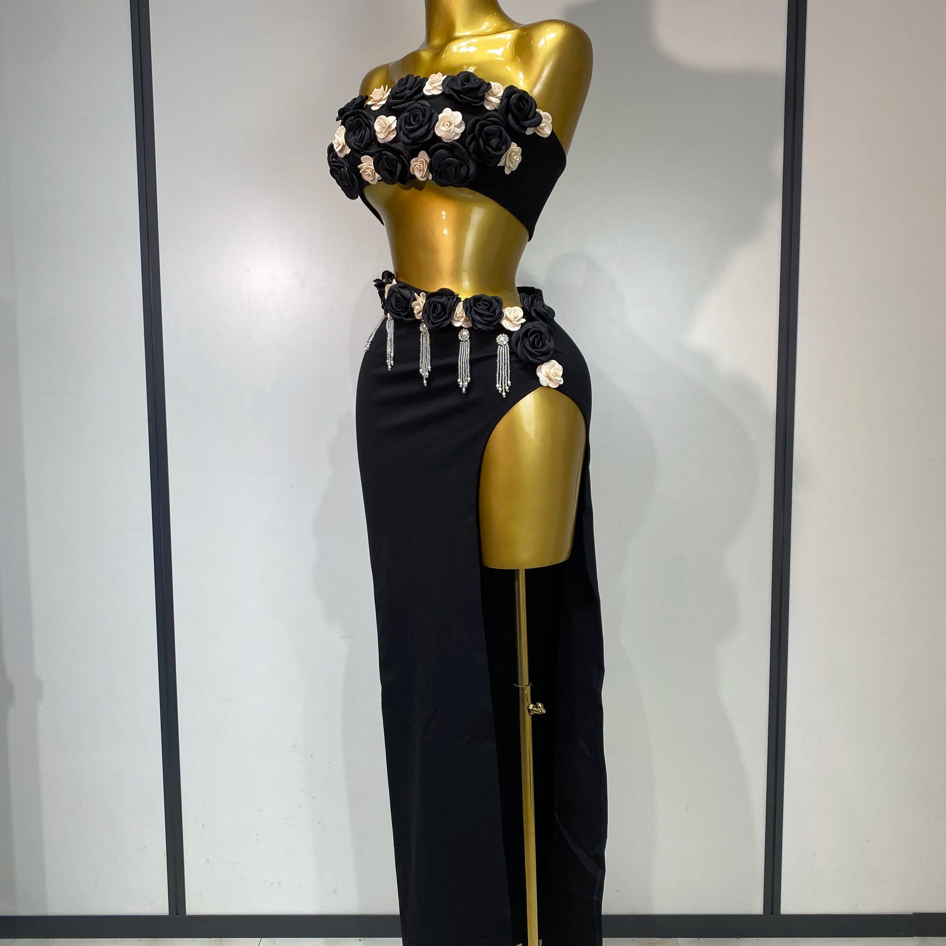 High Quality Women Sexy Flower Strapless Top High Slit Long Skirt Elegant Evening Party Two Piece Set Luxury Birthday Club Gown