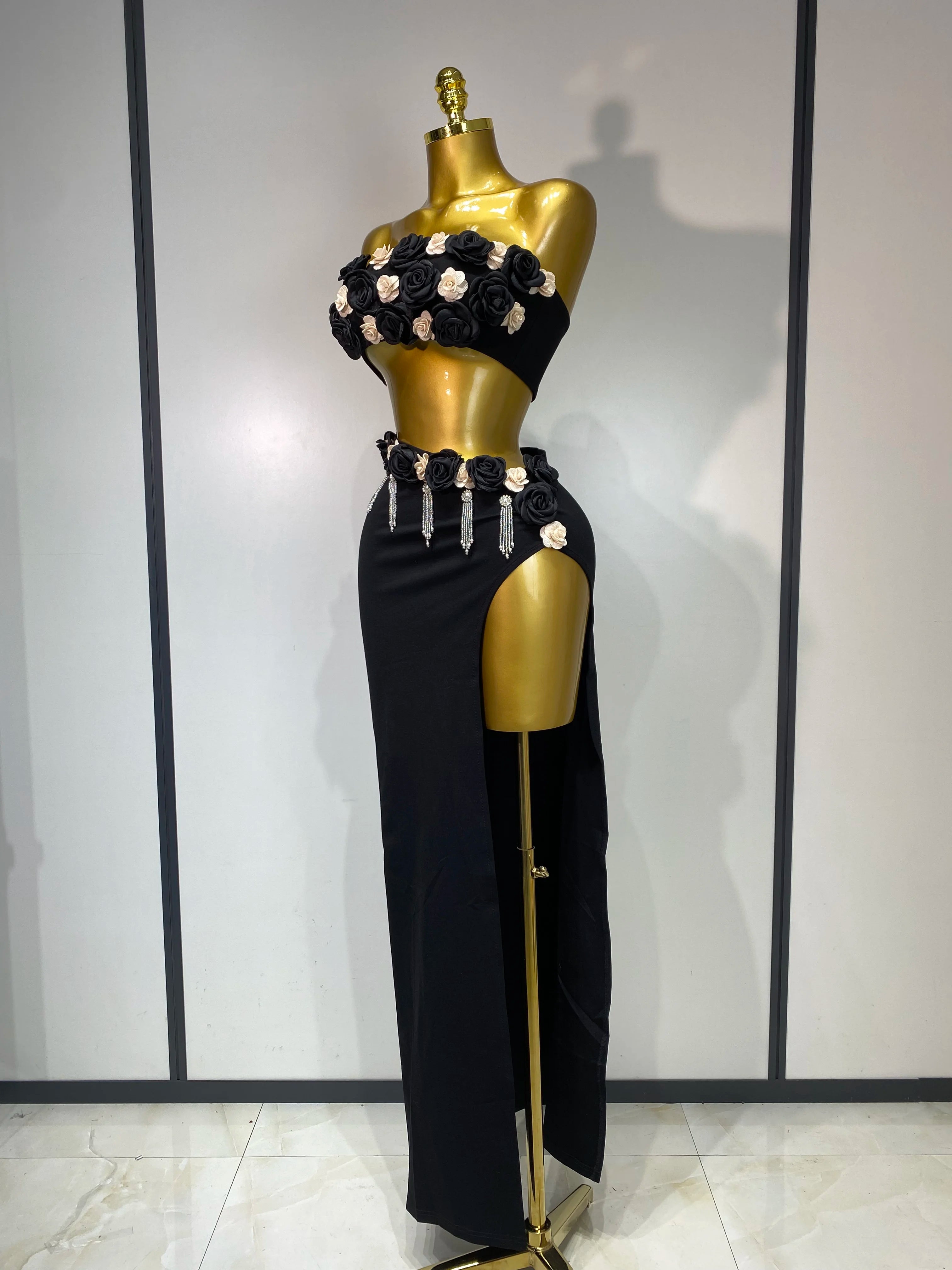 High Quality Women Sexy Flower Strapless Top High Slit Long Skirt Elegant Evening Party Two Piece Set Luxury Birthday Club Gown