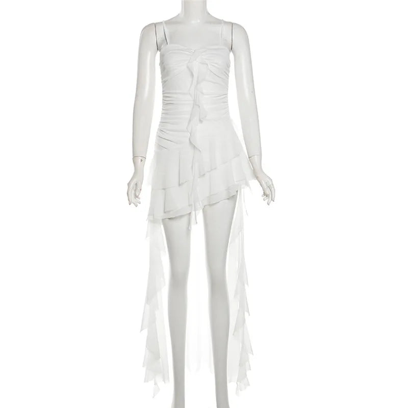 Gtpdpllt Y2k Sexy Mesh Ruffle Irregular High Low Dress White Black Sleeveless Long Dresses Summer Y2K Clothes Women 2024 WHITE