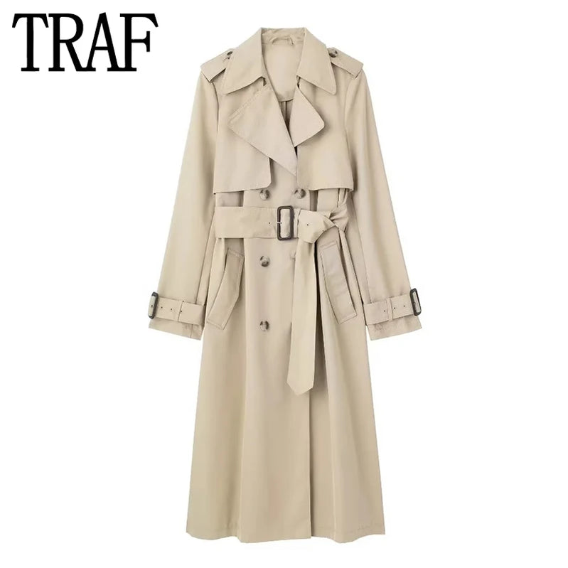 Mulher trench coat duplo breasted longo trench coat feminino manga longa moda feminina blusões outono outerwear 