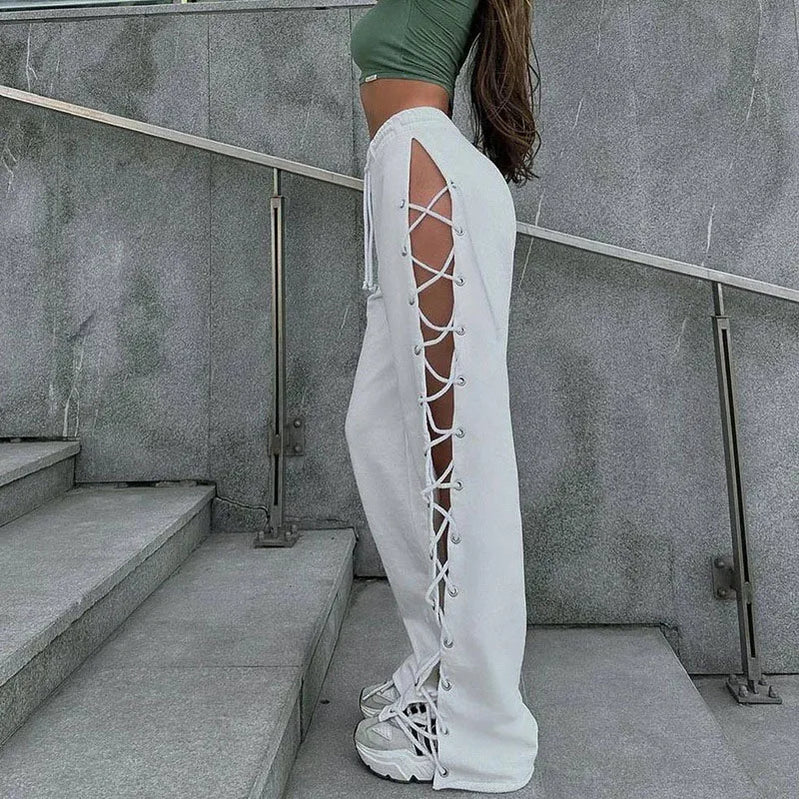 Side Slit Hollow Wide Leg Pants Spring/Summer Women's New Solid Color Wide Leg Pants Street Versatile Slim Fit Pants